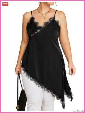 Plus Size Satin Lace Trim Cami V Neck Asymmetrical Long Tank Top